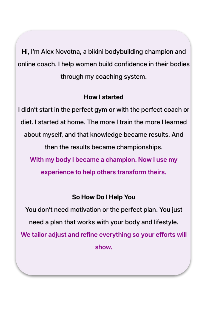 Alex Novotna Story This is an image that explains how Alex got started helping women on their glute hypertrophy journey
